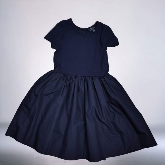 Polo Ralph Lauren Girls Dress Size M Navy Blue Fit Flare Button Back